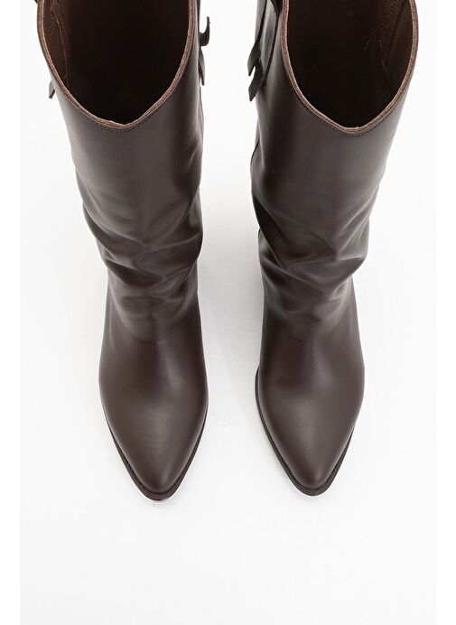 SOJO Kahverengi Cilt Hakiki Deri Kalın Topuklu Kısa Çizme - Görsel 3