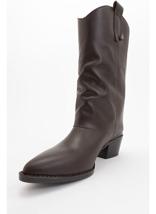 SOJO Kahverengi Cilt Hakiki Deri Kalın Topuklu Kısa Çizme - Görsel 4