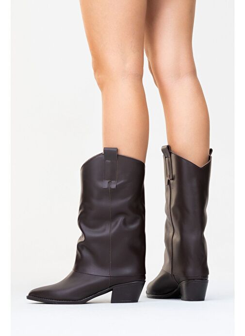 SOJO Kahverengi Cilt Hakiki Deri Kalın Topuklu Kısa Çizme - Görsel 8