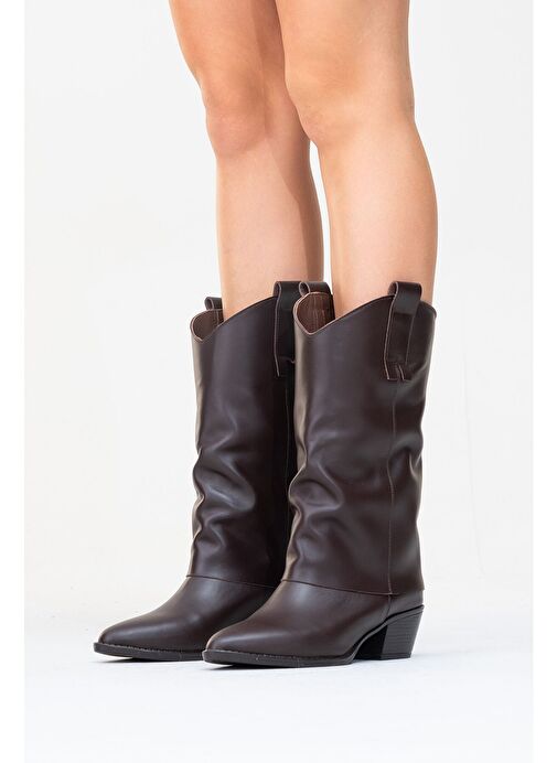 SOJO Kahverengi Cilt Hakiki Deri Kalın Topuklu Kısa Çizme - Görsel 9