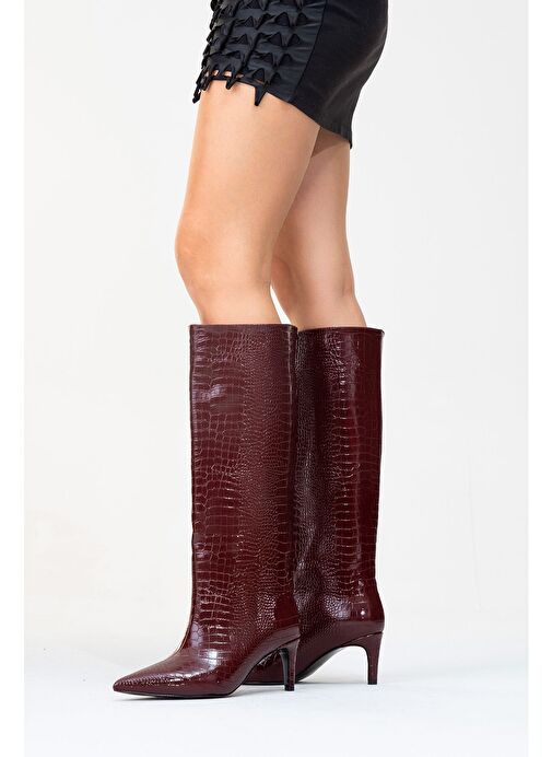 CAMİLA Bordo Baskı Kadın Topuklu Çizme - Görsel 7