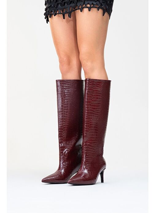 CAMİLA Bordo Baskı Kadın Topuklu Çizme - Görsel 8