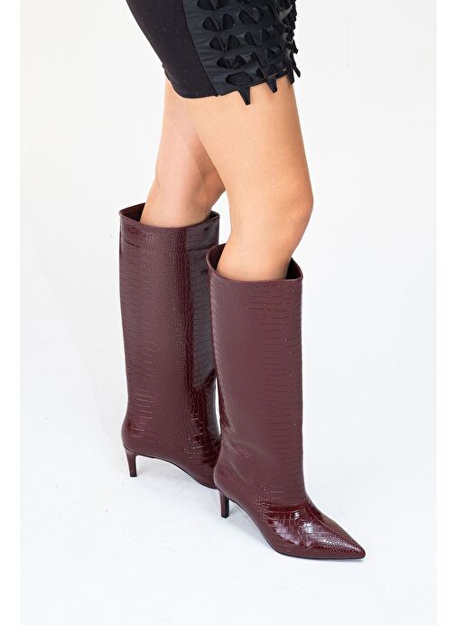 CAMİLA Bordo Baskı Kadın Topuklu Çizme - Görsel 9