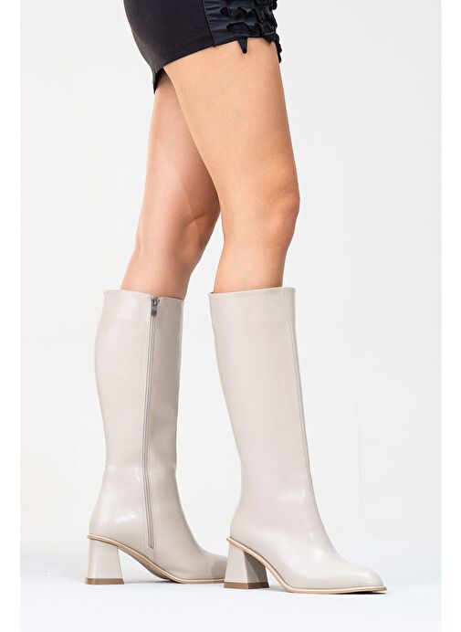 PARADİS Bej Cilt Kadın Kalın Topuklu Çizme - Görsel 7