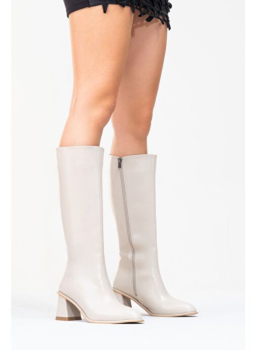 PARADİS Bej Cilt Kadın Kalın Topuklu Çizme - Görsel 9