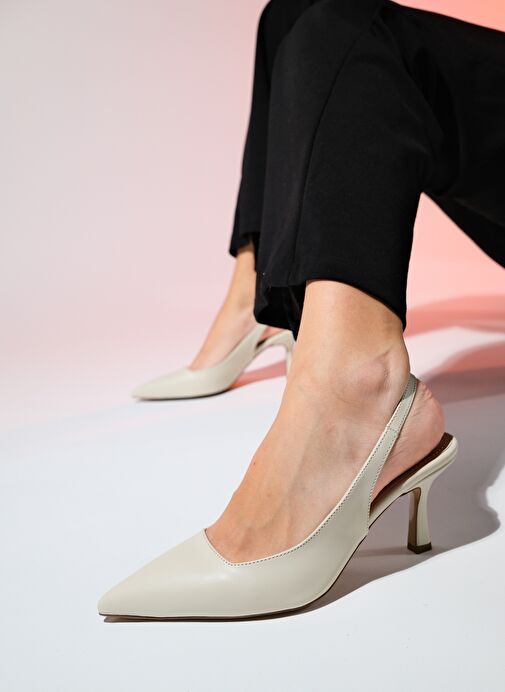 FLEM Ekru Cilt Kadın Sivri Burun Arkası Açık İnce Topuklu Ayakkabı - Görsel 2