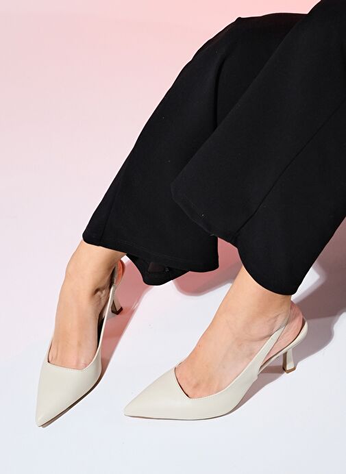 FLEM Ekru Cilt Kadın Sivri Burun Arkası Açık İnce Topuklu Ayakkabı - Görsel 3