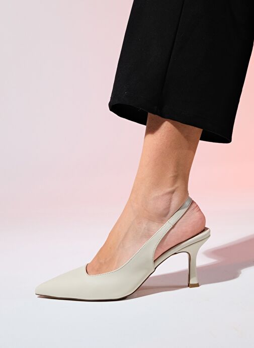 FLEM Ekru Cilt Kadın Sivri Burun Arkası Açık İnce Topuklu Ayakkabı - Görsel 4