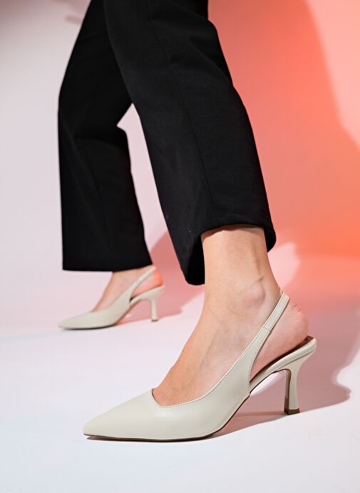 FLEM Ekru Cilt Kadın Sivri Burun Arkası Açık İnce Topuklu Ayakkabı - Görsel 5