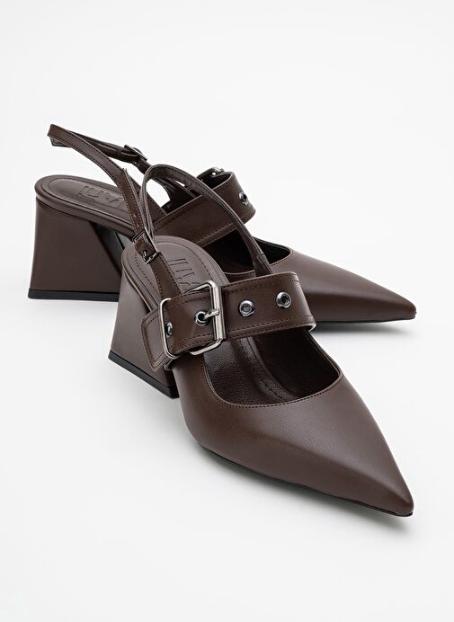 NEPİDO Kahve Cilt Kadın Sivri Burun Arkası Açık Kalın Topuklu Ayakkabı - Görsel 2