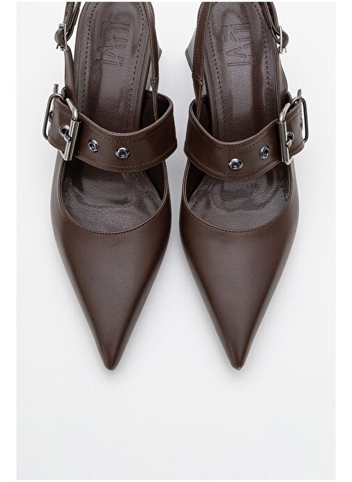 NEPİDO Kahve Cilt Kadın Sivri Burun Arkası Açık Kalın Topuklu Ayakkabı - Görsel 3