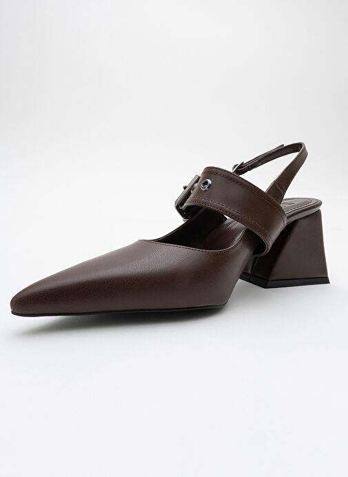 NEPİDO Kahve Cilt Kadın Sivri Burun Arkası Açık Kalın Topuklu Ayakkabı - Görsel 4