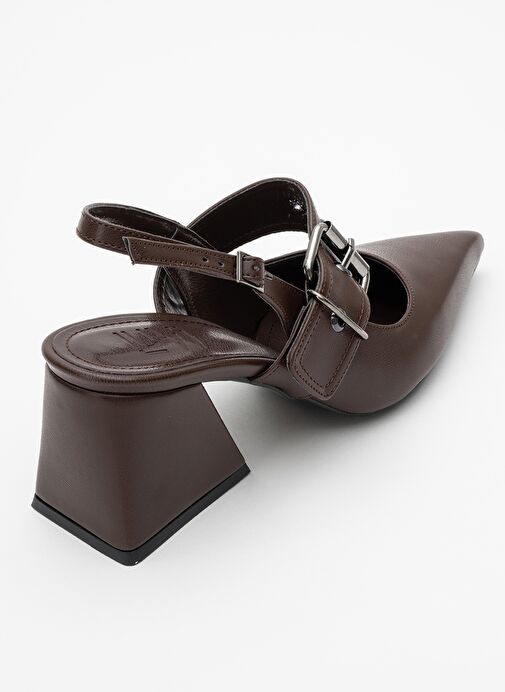 NEPİDO Kahve Cilt Kadın Sivri Burun Arkası Açık Kalın Topuklu Ayakkabı - Görsel 5