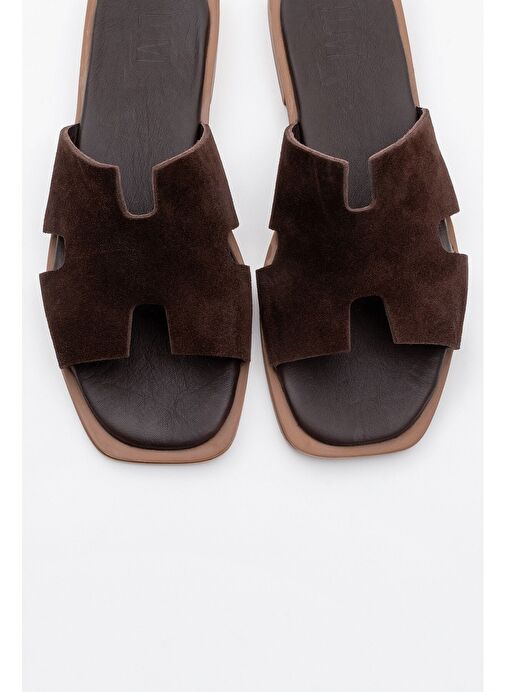 JEZ Kahverengi Süet Hakiki Deri Kadın Terlik - Görsel 3