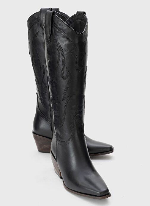 PİETRO Siyah Cilt Hakiki Deri Kadın Western Çizme - Görsel 2