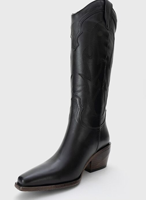 PİETRO Siyah Cilt Hakiki Deri Kadın Western Çizme - Görsel 5