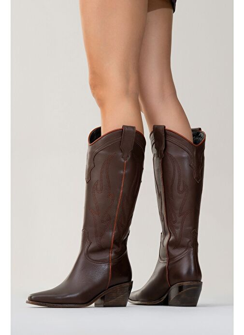 PİETRO Kahverengi Cilt Hakiki Deri Kadın Western Çizme - Görsel 8