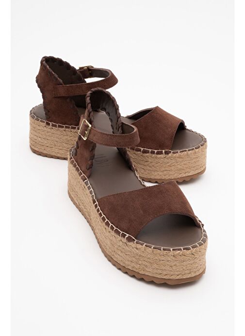 SEREZ Kahve Süet Hakiki Deri Kadın Hasır Dolgu Taban Sandalet - Görsel 2