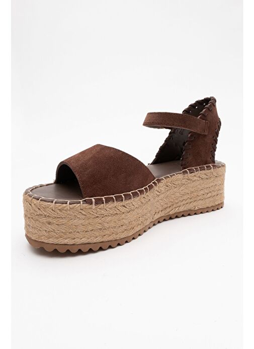 SEREZ Kahve Süet Hakiki Deri Kadın Hasır Dolgu Taban Sandalet - Görsel 4