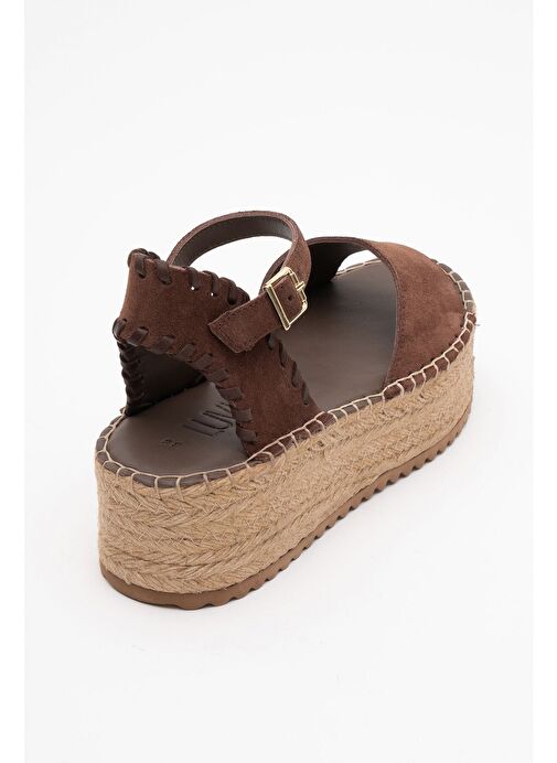 SEREZ Kahve Süet Hakiki Deri Kadın Hasır Dolgu Taban Sandalet - Görsel 5