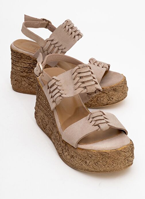 OLİEN Bej Süet Hakiki Deri Kadın Dolgu Topuklu Sandalet - Görsel 2