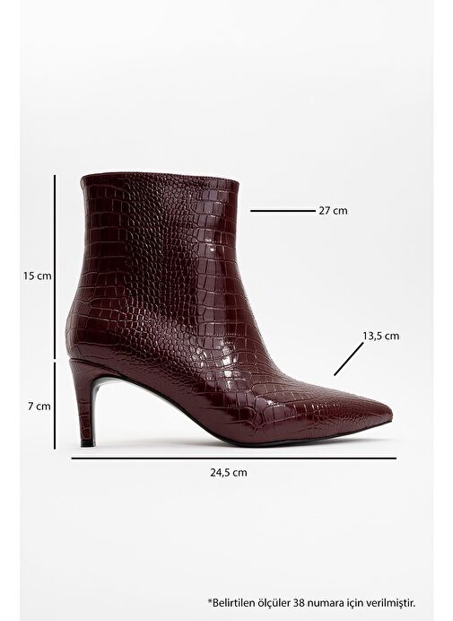 NOYA Bordo Baskı Sivri Burun Kadın İnce Topuklu Bot - Görsel 6