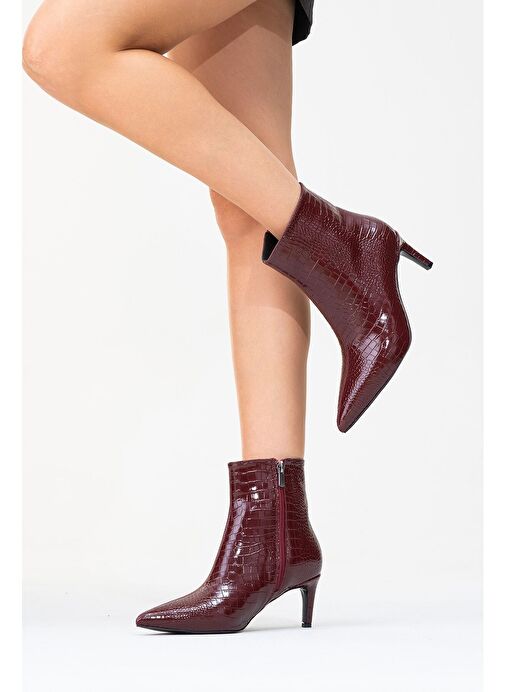 NOYA Bordo Baskı Sivri Burun Kadın İnce Topuklu Bot - Görsel 7
