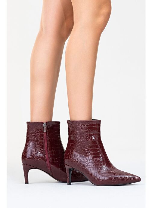 NOYA Bordo Baskı Sivri Burun Kadın İnce Topuklu Bot - Görsel 9