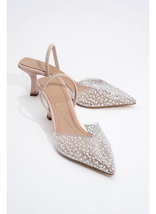 WHENA Bej İncili Şeffaf Kadın Topuklu Ayakkabı - Görsel 2