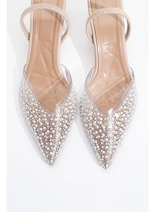 WHENA Bej İncili Şeffaf Kadın Topuklu Ayakkabı - Görsel 3