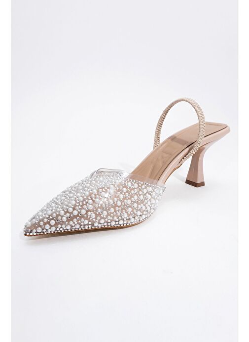WHENA Bej İncili Şeffaf Kadın Topuklu Ayakkabı - Görsel 4