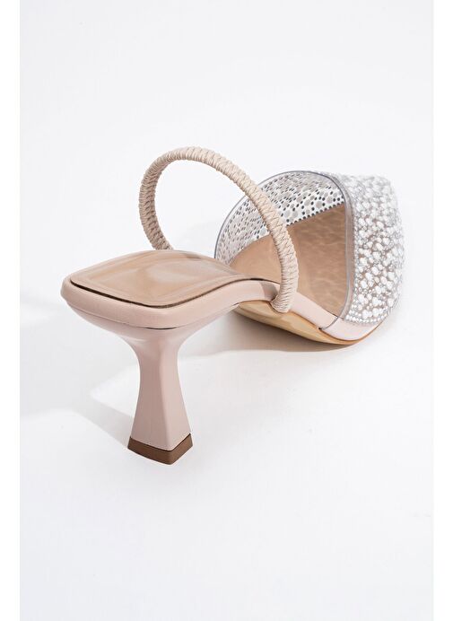 WHENA Bej İncili Şeffaf Kadın Topuklu Ayakkabı - Görsel 5