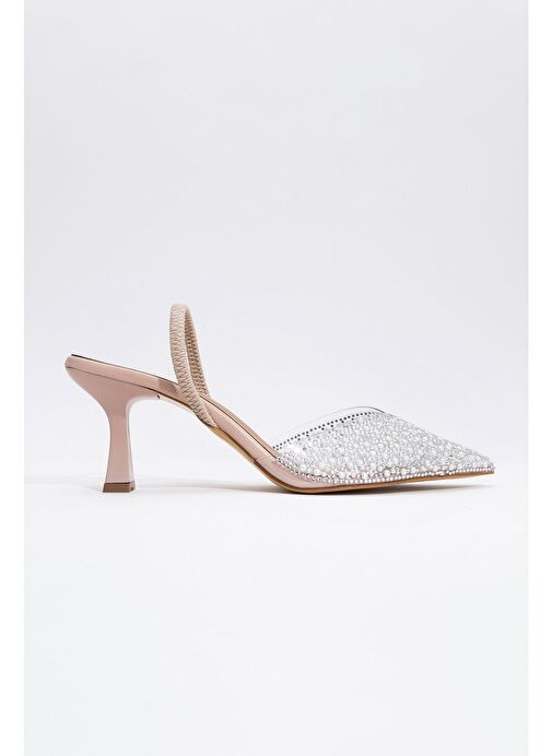 WHENA Bej İncili Şeffaf Kadın Topuklu Ayakkabı - Görsel 6