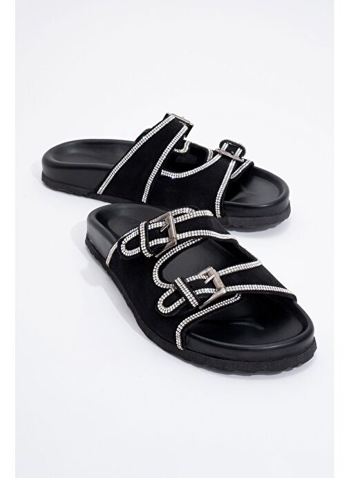 ALLEN Siyah Taşlı Hakiki Deri Süet Kadın Terlik - Görsel 2