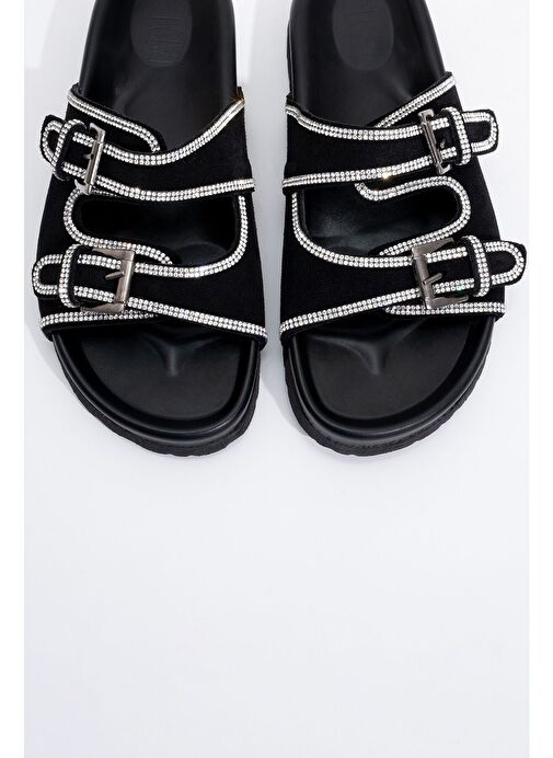 ALLEN Siyah Taşlı Hakiki Deri Süet Kadın Terlik - Görsel 3