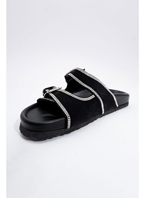 ALLEN Siyah Taşlı Hakiki Deri Süet Kadın Terlik - Görsel 4