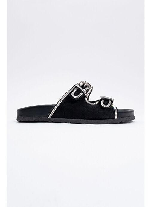 ALLEN Siyah Taşlı Hakiki Deri Süet Kadın Terlik - Görsel 6