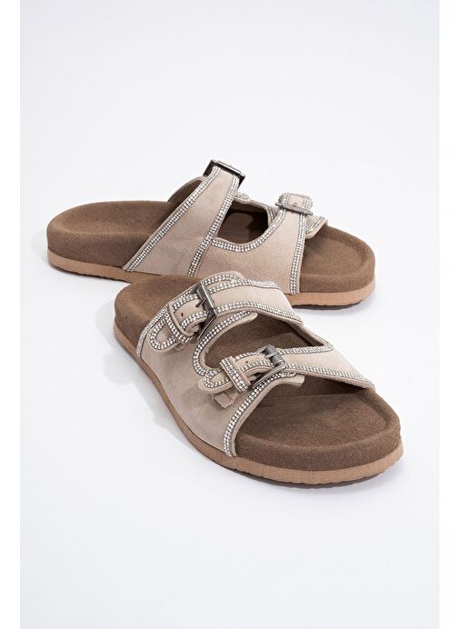 ALLEN Bej Taşlı Hakiki Deri Süet Kadın Terlik - Görsel 2