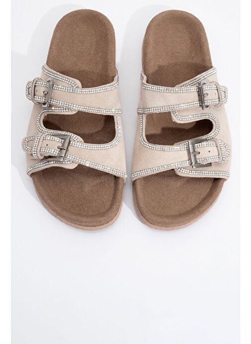 ALLEN Bej Taşlı Hakiki Deri Süet Kadın Terlik - Görsel 3