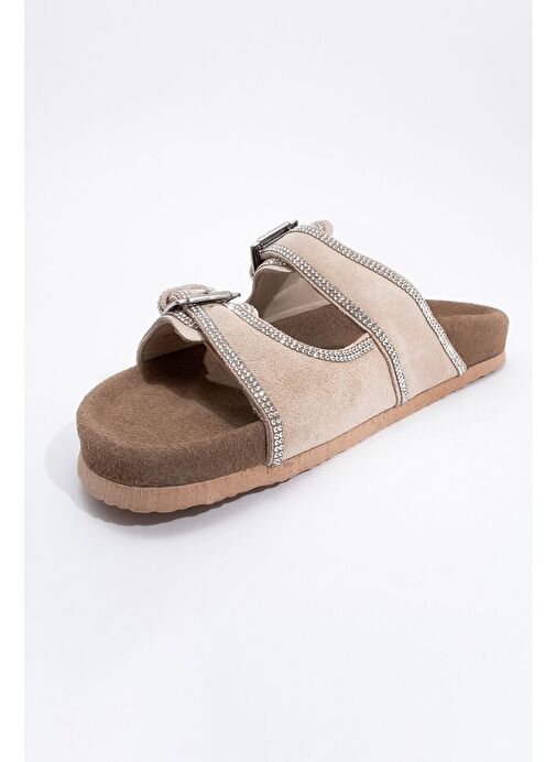 ALLEN Bej Taşlı Hakiki Deri Süet Kadın Terlik - Görsel 4