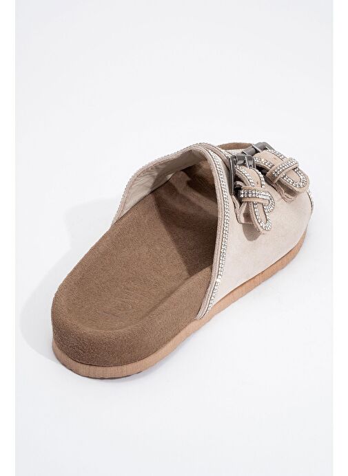 ALLEN Bej Taşlı Hakiki Deri Süet Kadın Terlik - Görsel 5