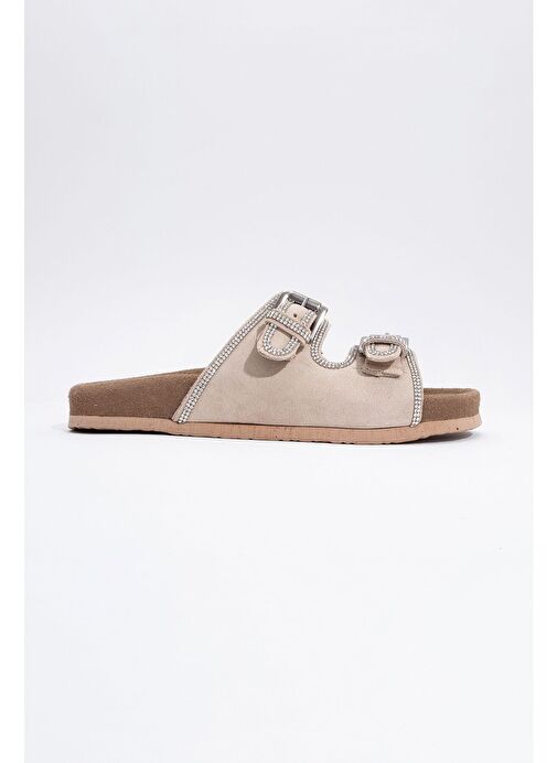 ALLEN Bej Taşlı Hakiki Deri Süet Kadın Terlik - Görsel 6