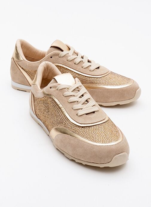 BONİA Bej Süet Altın Taşlı Hakiki Deri Kadın Spor Ayakkabı - Görsel 2