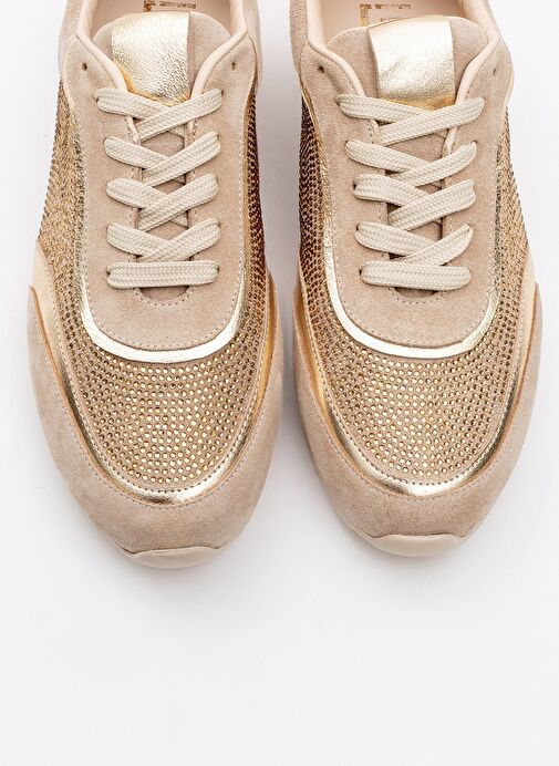 BONİA Bej Süet Altın Taşlı Hakiki Deri Kadın Spor Ayakkabı - Görsel 3