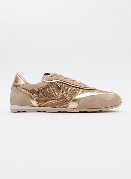 BONİA Bej Süet Altın Taşlı Hakiki Deri Kadın Spor Ayakkabı - Görsel 6
