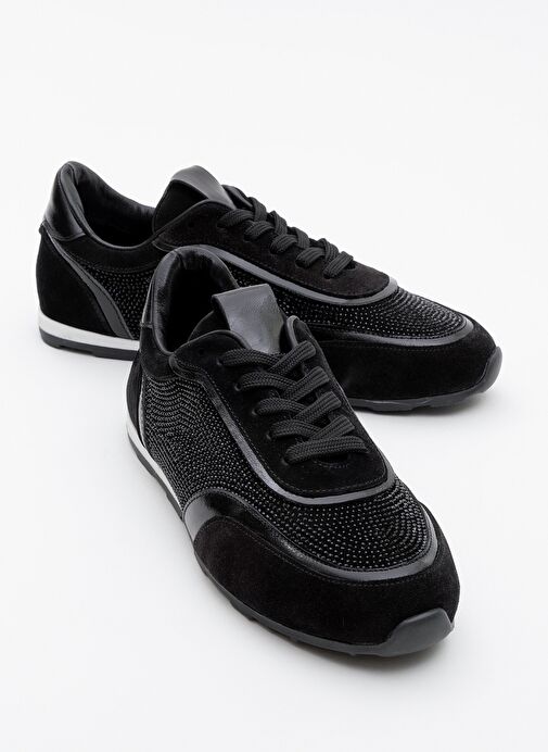BONİA Siyah Süet Siyah Taşlı Hakiki Deri Kadın Spor Ayakkabı - Görsel 2