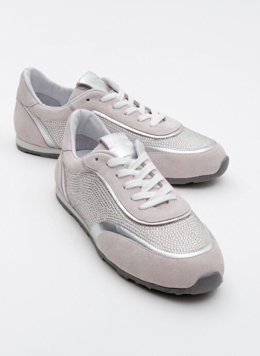 BONİA Beyaz Süet Gümüş Taşlı Hakiki Deri Kadın Spor Ayakkabı - Görsel 2