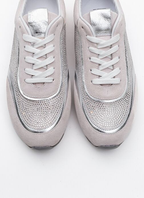 BONİA Beyaz Süet Gümüş Taşlı Hakiki Deri Kadın Spor Ayakkabı - Görsel 3
