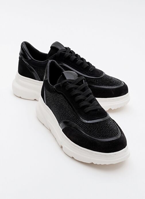 PABLO Siyah Süet Siyah Taşlı Hakiki Deri Kalın Tabanlı Kadın Spor Ayakkabı - Görsel 2