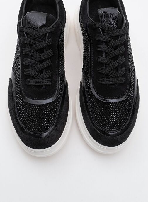 PABLO Siyah Süet Siyah Taşlı Hakiki Deri Kalın Tabanlı Kadın Spor Ayakkabı - Görsel 3